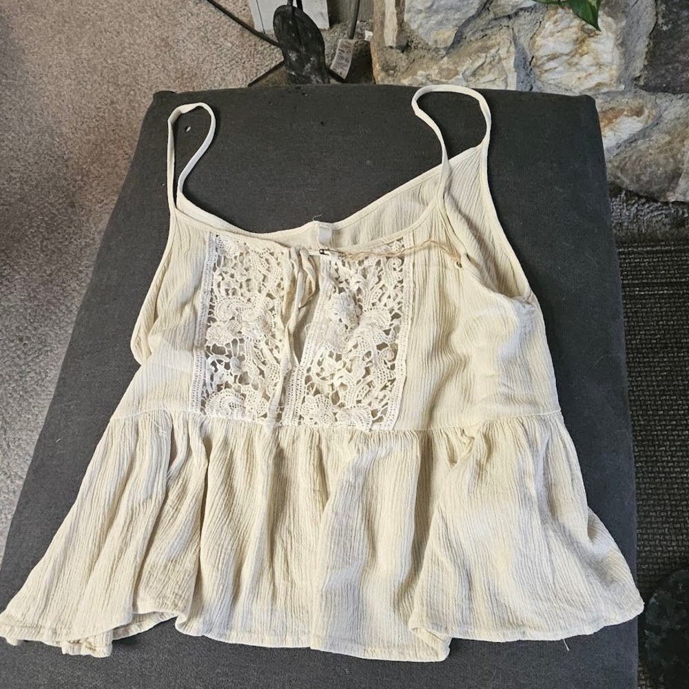 Elam Boho Crochet Lace Crop Top Cream Sleeveless Peplum Cami Small Medium